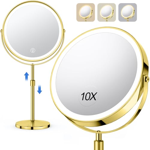 Lighted Makeup Mirror, Rechargeable Height Adjustable Double Sided, 1x/10x Magnifying with 3 Color, Brightness Adjustable, 360° Rotation Vanity, Gift for Women