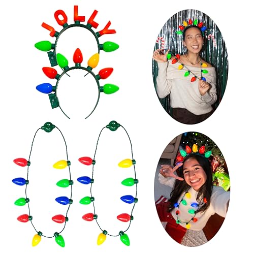 Light Up Christmas Necklace Set (4 Pack – Mini & Jumbo Bulb Necklaces), LED Glow Jewelry, 3 Light Modes, Holiday Party Favor, Stocking Stuffer, Ugly Sweater Accessory, Bulk Gift for Kids