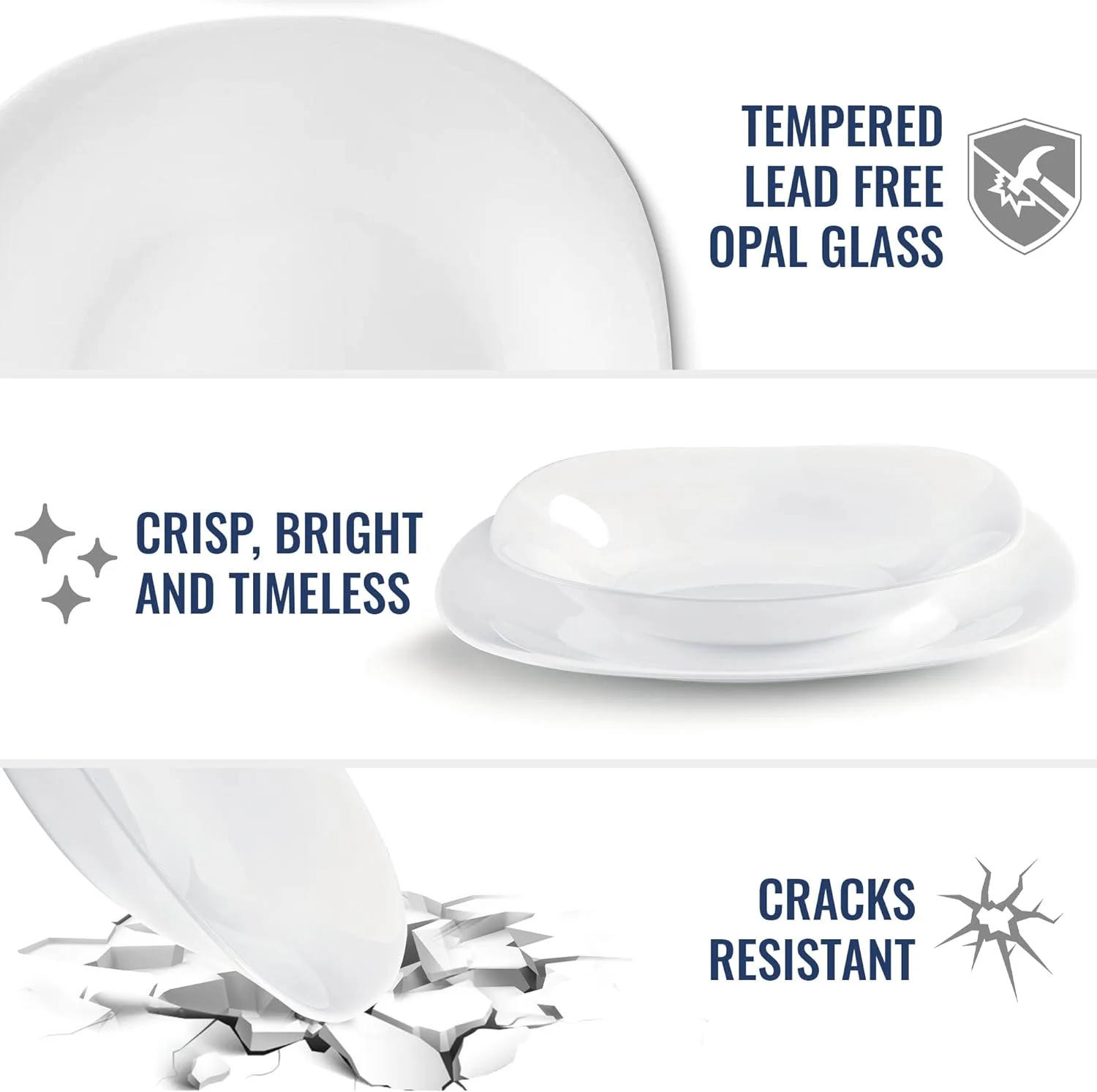 Parma Set Of 6 Dinner Plates, 10.75 Inch Tempered Opal Glass, Clean White, & Curved Design, Dishwasher Safe, Made In Spain.