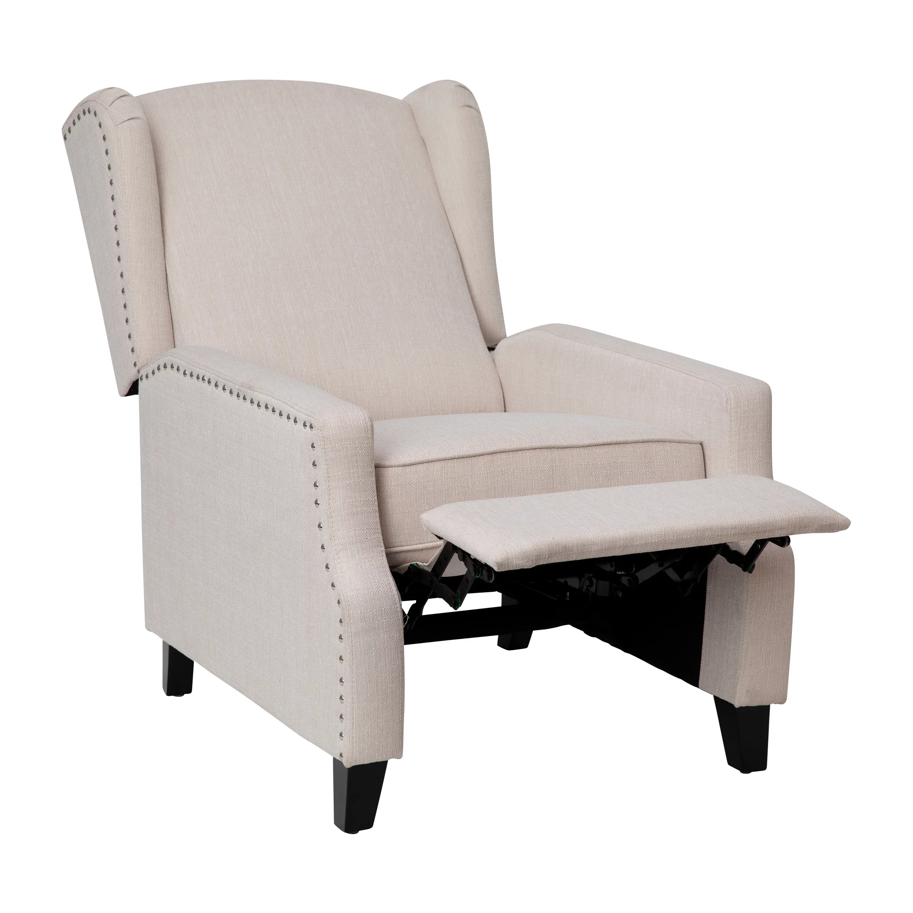 BizChair Traditional Style Slim Push Back Recliner Chair-Wingback Recliner with Cream Fabric Upholstery-Accent Nail Trim