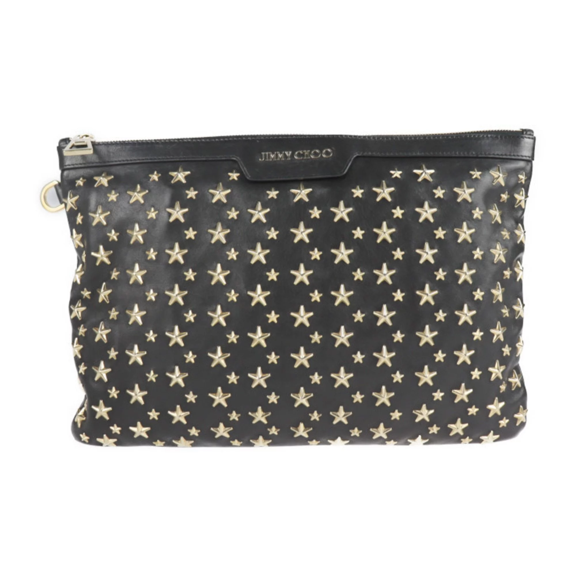 Pre-Owned JIMMY CHOO Jimmy Choo DEREK Derek second bag leather black gold metal fittings star studs clutch (Good)