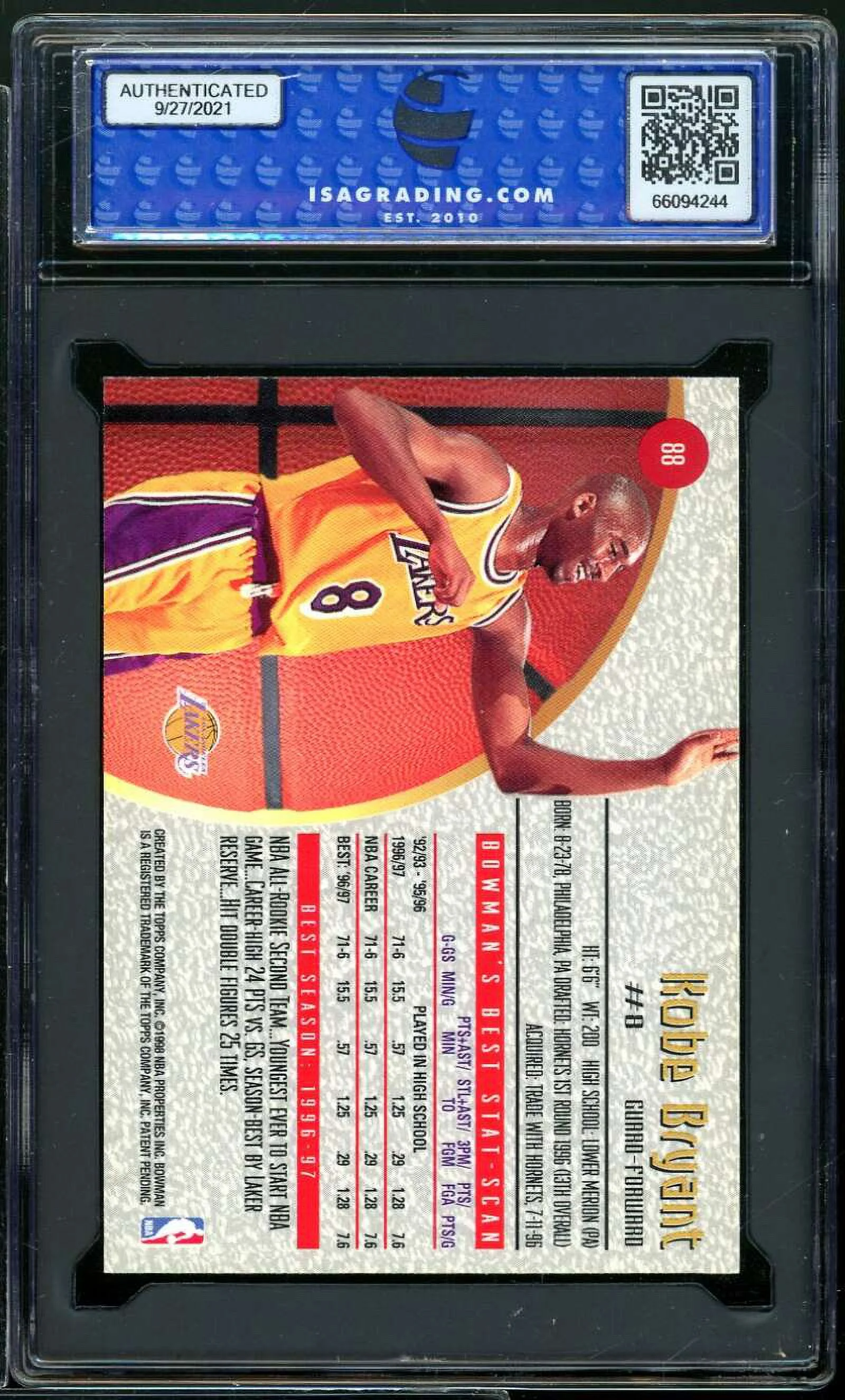 Kobe Bryant Card 1997-98 Bowman's Best #88 ISA 10 GEM MINT