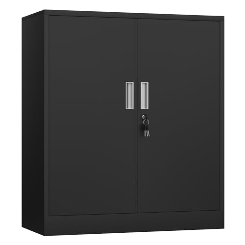 Metal Storage Cabinet with Locking Doors and 2 Adjustable Shelves, Small Lockable Steel Storage Cabinets for Home Office Garage Kitchen Pantry (Black)