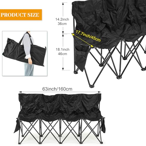 Kigley Portable 4 Seat Soccer Bench Chairs Foldable Team Sports Bench with Pockets and Carrying Bag for Camping Soccer Sports Team Basketball Football Practice Games(Black,1 Pcs)
