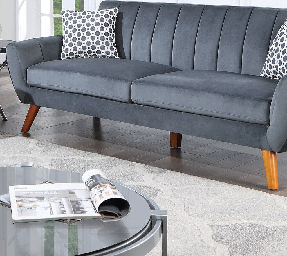 2pc Sofa Set Sofa And Loveseat w Pillows Velvet Fabric Plush Cushion Couch Dark Gray Wooden Legs Living Room Guest Furniture