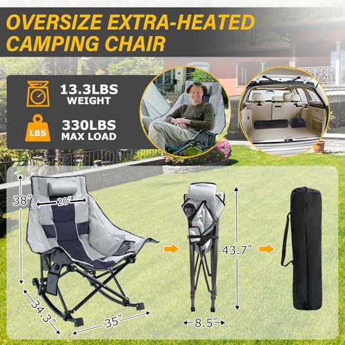 Heated Camping Chair Oversize, XL Heated Rocking Chair with 3 Levels for Back and Seat, Portable Outdoor Heated Folding Chair, Heavy Lawn Chair for Camping