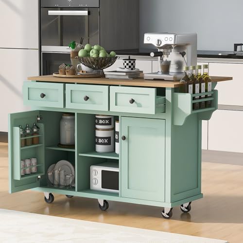 Farmhouse Kitchen Island with Power Outlet, Drop Leaf, Spice Rack and Drawer,Rolling Kitchen Cart on Wheels,Kitchen Storage Island for Home Dining Room (White/p2)