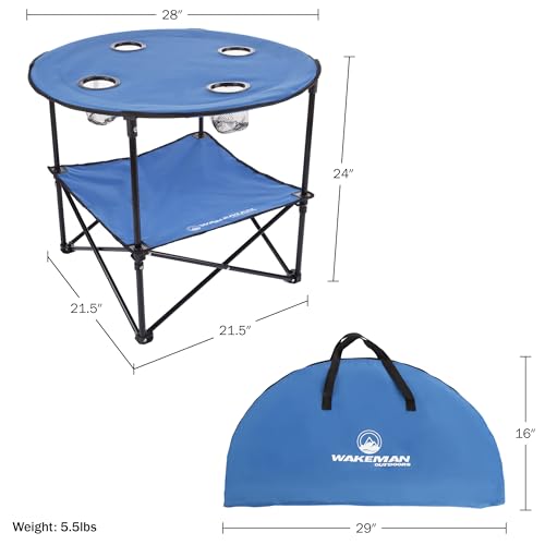 Wakeman Camp Table - Round 2-Tier Folding Table with 4 Cupholders and Carrying Bag - for Camping, Beach, Picnic, Sporting Events, and More Outdoors,Blue