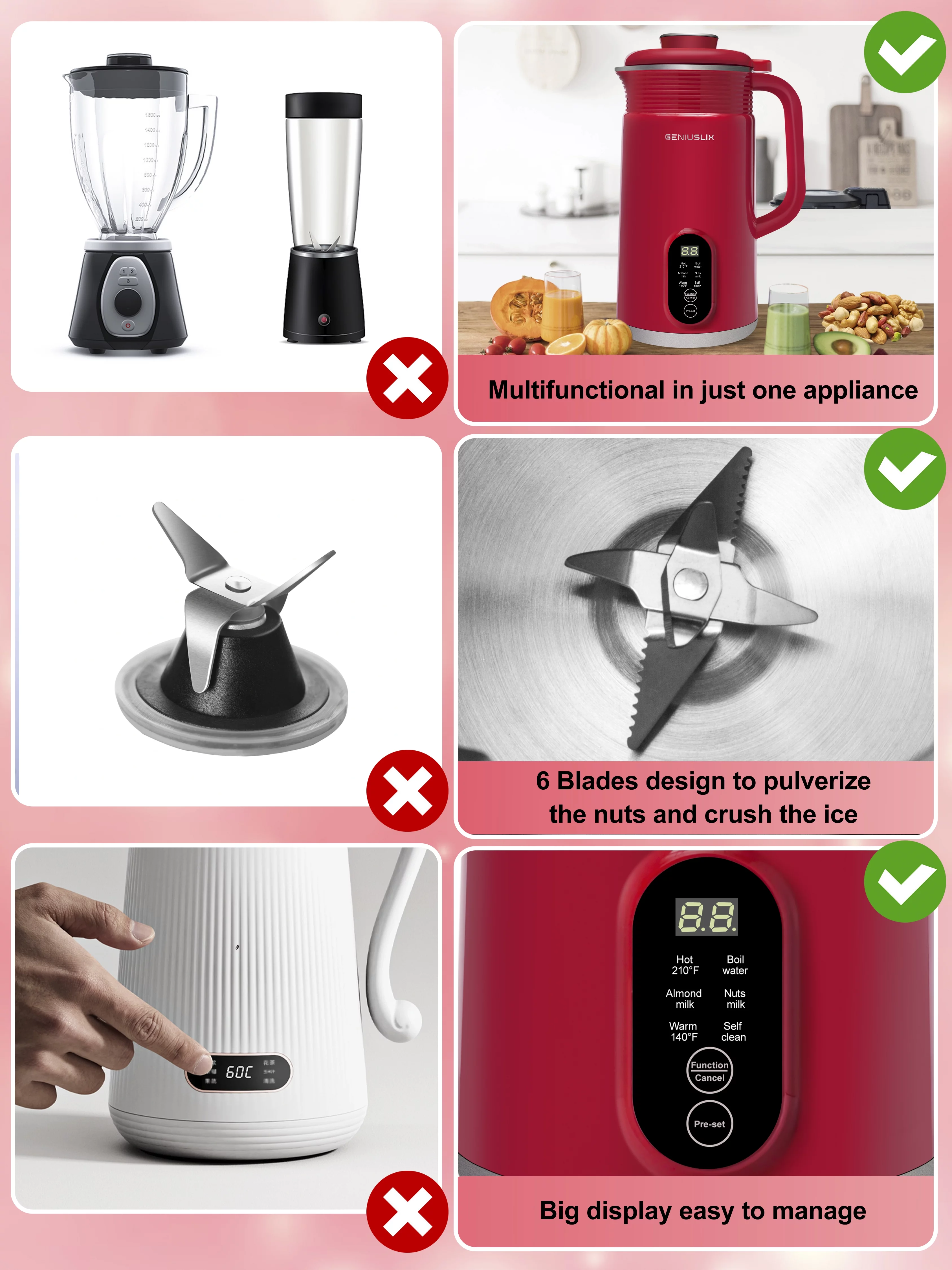 Geniuslix Automatic Vegan Nut Milk Maker Machine - Auto Clean & Temperature Control Plant Based Blender - Stainless Steel, Non-Dairy Beverages - Oat/Coconut/Soy/Cashew/Almond Milk Machine with Recipe