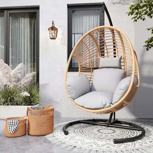 Oversized Hanging Egg Chair Outdoor Indoor, Wicker Swing Egg Chair with Stand 400lbs Capacity for Bedroom, Patio, Garden and Balcony (Beige-nest, Oversize)