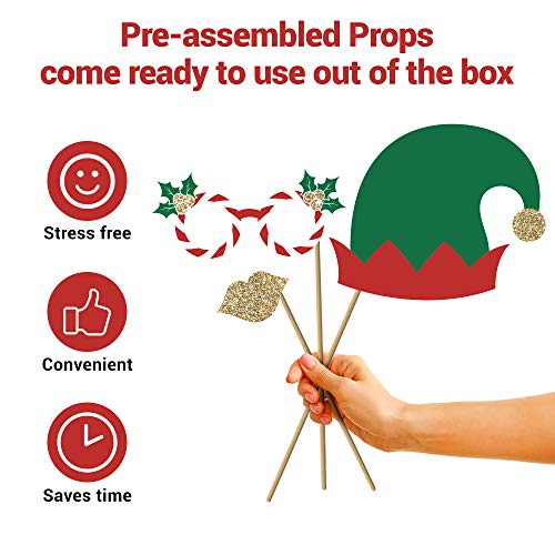 Fully Assembled Christmas Photo Booth Props - Set of 32 - Red, Green, and Gold Selfie Signs - Holiday Party Supplies & Decorations - Cute Xmas Designs with Real Glitter - Did We Mention No DIY
