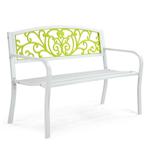 VINGLI Outdoor Bench for Patio Metal Garden Bench w/PVC Back Pattern, Black Park Benches Front Porch Benches for Yard Lawn Decor Deck Entryway (Floral)