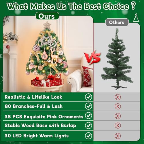 Livole 2 FT Small Christmas Tree, Mini Christmas Tree with Lights, Mini Tabletop Full Xmas Trees with 35 PCS Pink Ornaments, Merry Christmas, Xmas Tree for Table DIY Christmas Decor