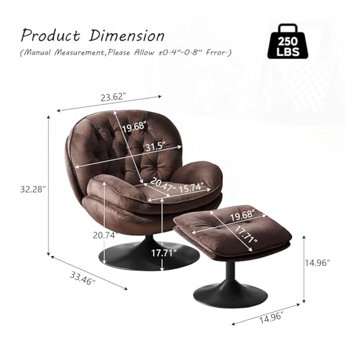 Swivel Accent Chair with Ottoman Set, Velvet Modern Lounge Armchair with Metal Base Frame & Footrest, Comfy Lazy Single Leisure Chair with 360 Swiveling for Living Room/Bedroom/Grey