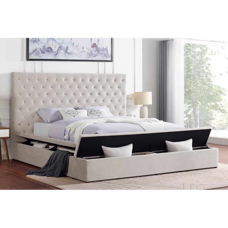 First of a Kind Modern Velvet Tufted upholstered Platform Storage Bed, Bed with deep Button Tufting and Storage Compartments in Rails and Footboard (Cream, Eastern King)