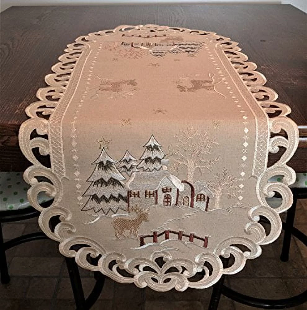 Doily Boutique Christmas Table Runner with Reindeer and Cabin on Tan Burlap Style Fabric Size 34 x 15 inches