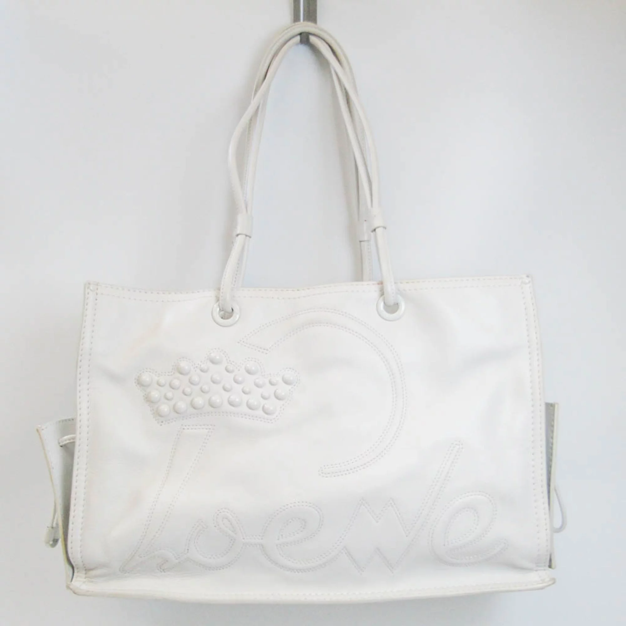 Pre-Owned Loewe Crown Logo Stitch Women's Leather Shoulder Bag,Tote Bag White (Good)
