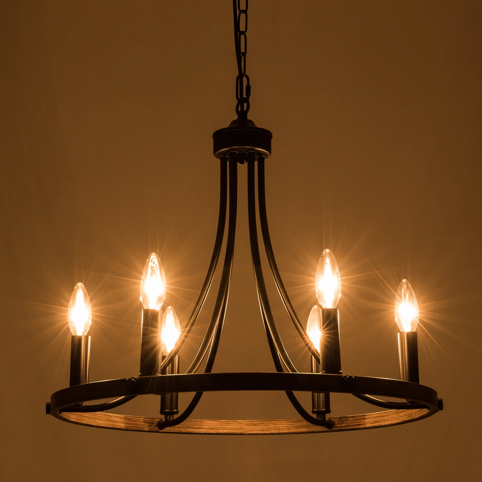 US HOME GOODS 6-Light Black Wheel Chandelier, Farmhouse Flush Mount Ceiling Light Fixture for Living&Dining Room Foyer Entryway, Metal Vintage Candle Pendant Lighting for Bedroom Hallway Kitchen