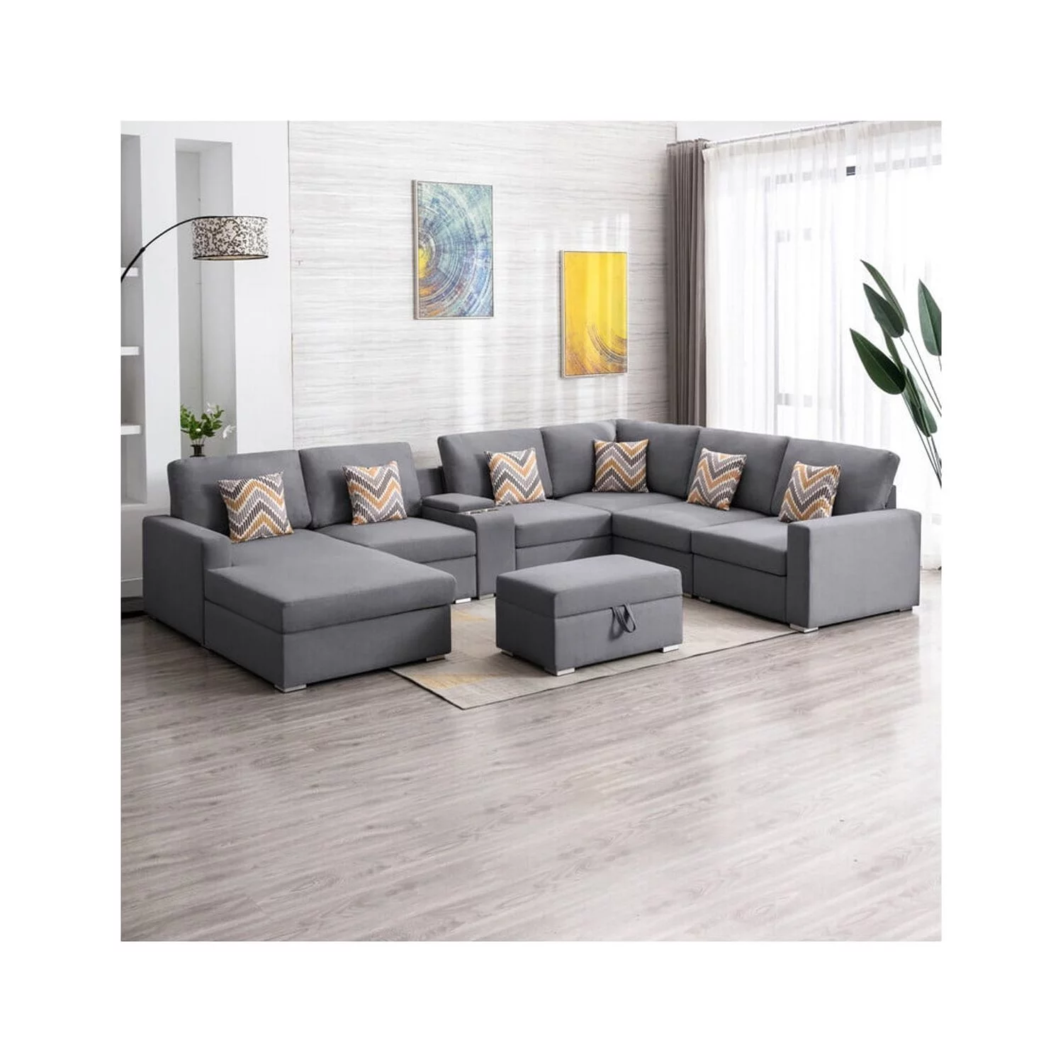 Homestock Rustic Recluse Linen Fabric 8Pc Reversible Chaise Sectional Sofa with Interchangeable Legs, Pillows, Storage Ottoman, and a USB, Charging Ports, Cupholders, Storage Console Table