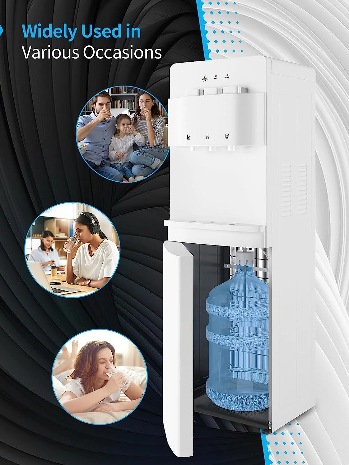 Muhub Cold & Hot Water Cooler Dispenser, White Bottom Loading Water Cooler Dispenser, Holds 3 or 5 Gallon Bottle, Anti-Scalding Design and Storage Cabinet, Child Safety Lock for Home, Office Use