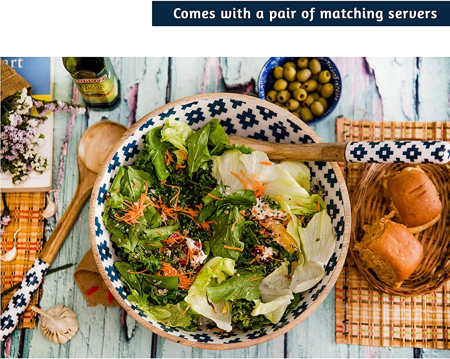 Folkulture Salad Bowl with Serving Tongs, 12x5 inches, Mango Wood, Geometric Blue