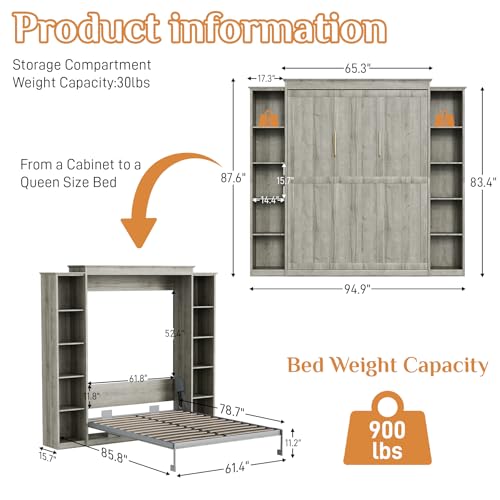 Queen Murphy Bed with Storage Bookcase & 4 Adjustable Shelves, Foldable Space-Saving Queen Wood Wall Bedframe with Metal Legs, Hidden Bedframe for Guest Room, Study, Home Office, Bedroom, Gray