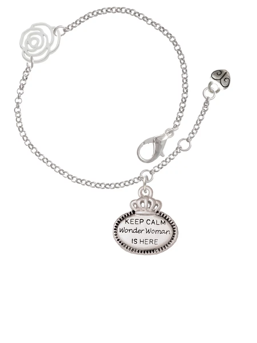 Delight Jewelry Silvertone Keep Calm Wonder Woman is Here Silver-tone Rose Link Chain Bracelet, 6.25