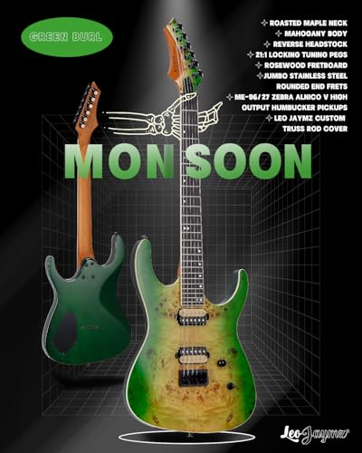 Leo Jaymz Electric Guitar Monsoon Series,Reverse Headstock,Mahogany Body,Roasted Maple Neck,Rosewood Fretboard,Locking Tuners,Rounded End Frets,AlnicoV Pickups,Fixed Bridge (Blue Flame)
