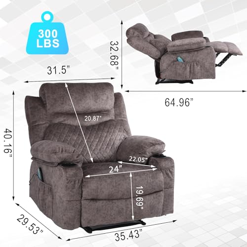 Oversized Swivel Rocker Recliner Chairs with Massage and Heat Fabric Massaging Reclining Chair Heated Power Rocking Recliners with Cup Holders for Adults, Grey