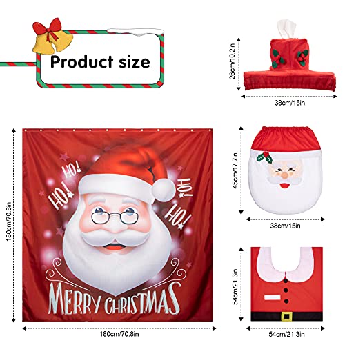 Tatuo 4 Pieces Christmas Bathroom Set Santa Shower Curtains and Toilet Seat Cover Set, Santa on The Toilet Ornament for Christmas Home Decorations Bathroom Decor