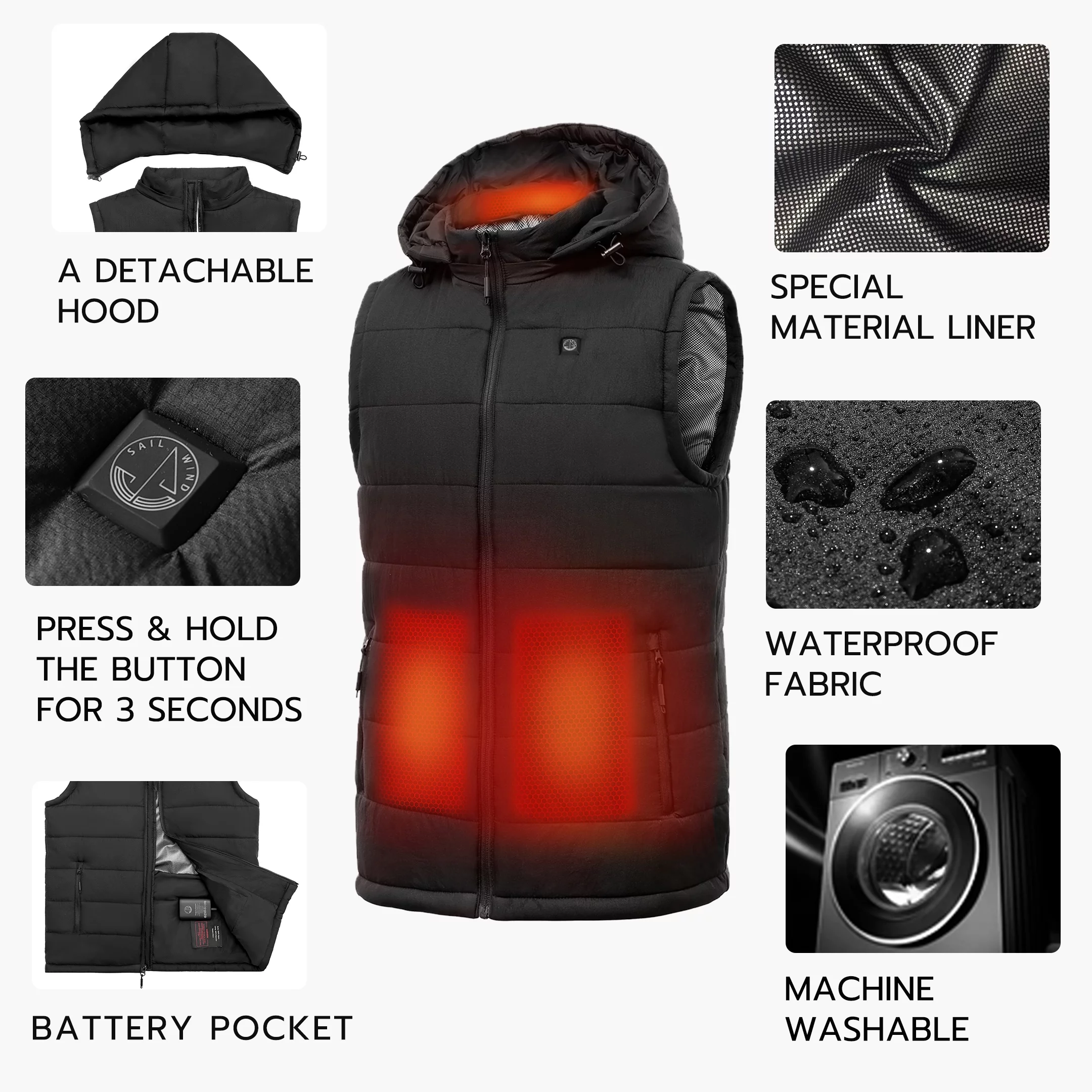 SAILWIND Men's Lightweight Heated Vest Smart Electric Rechargeable Jacket With Removable Hood (Battery Included)