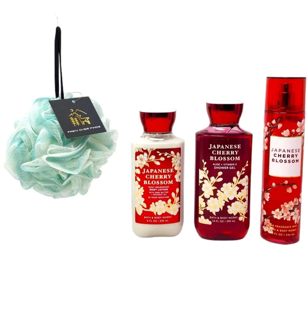 7Pc Deluxe Japanese Cherry Blossom Spa Gift Set Includes Fine Fragrance Mist - Body  - Shower Gel - Shower Loofah - Cello Bag - Gift Ribbon - Gift