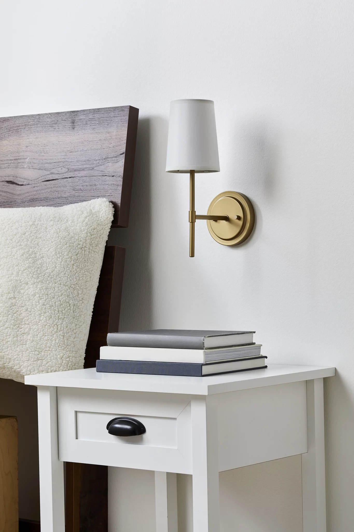 Better Homes & Gardens 1 Light Wall Sconce,Burnished Brass,White Fabric Shade,Bulb Not Included