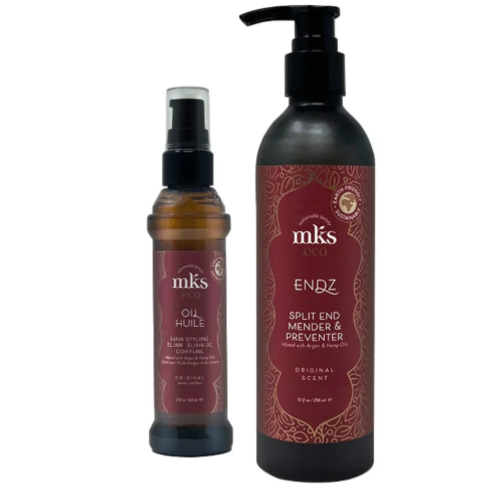 MKS Eco (Marrakesh) Original Oil Hair Styling Elixir 2oz +  Endz Split End Mender & Preventer 10oz  w Processing Caps