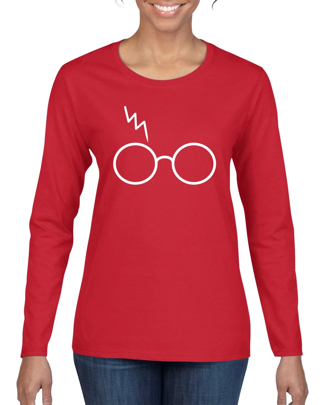 Wild Bobby, White Wizard Glasses and Lightning Scar, Pop Culture, Women Graphic Long Sleeve Tee, Red, Small