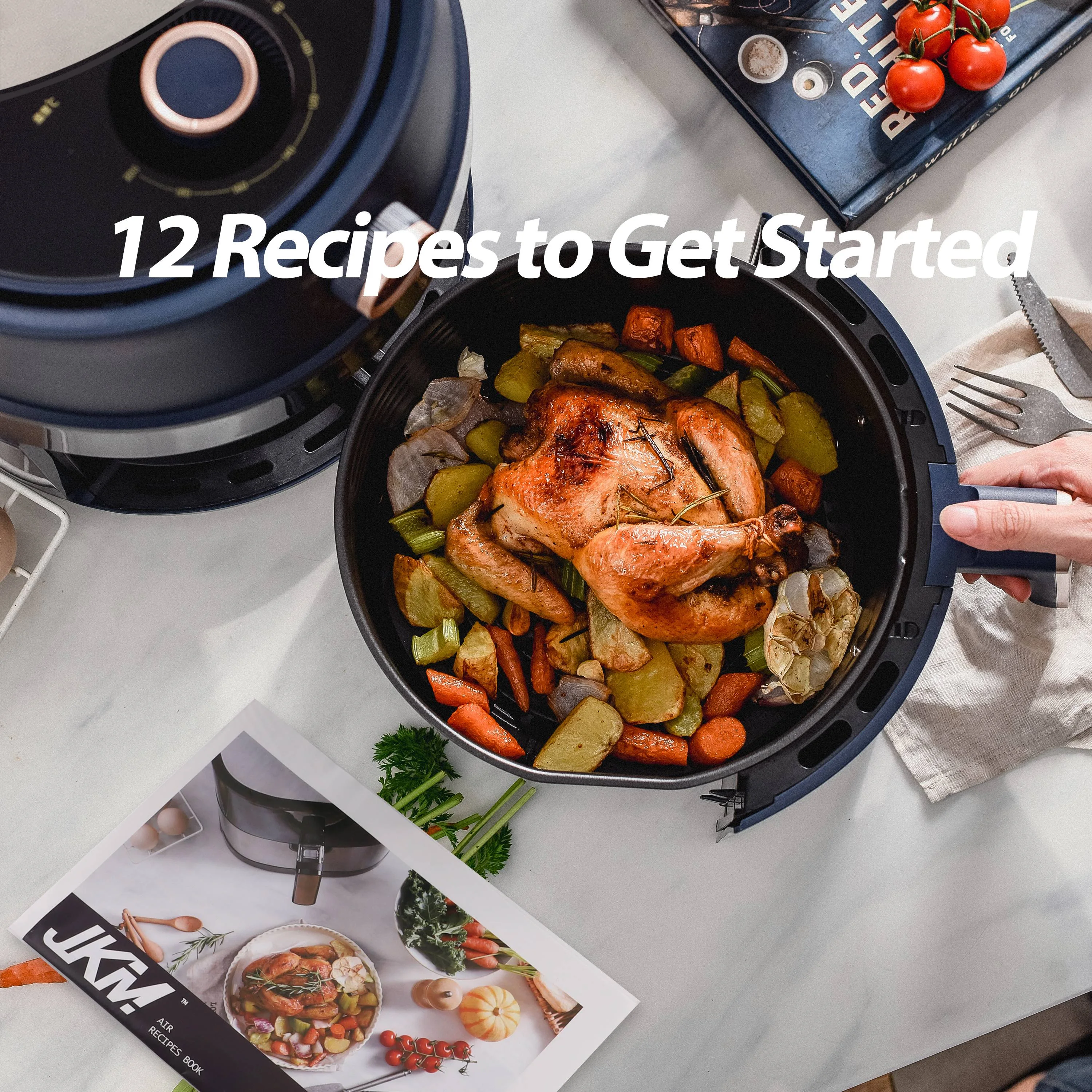 JKM Air Fryer 4.7 Quart, mechanical Air Fryer Oven, Adjustable Timer & Temp, No Oily Smoke Frying Cooking, Auto Shut Off, 1500W, Navy Blue