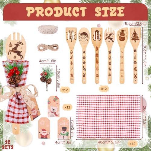 12 Sets Christmas Wooden Spoons Bridal Shower Favors Baby Shower Kitchen Utensils Set Wooden Spoons Waffle Towel and Christmas Tags Prizes for Xmas Party House Kitchen Supplies