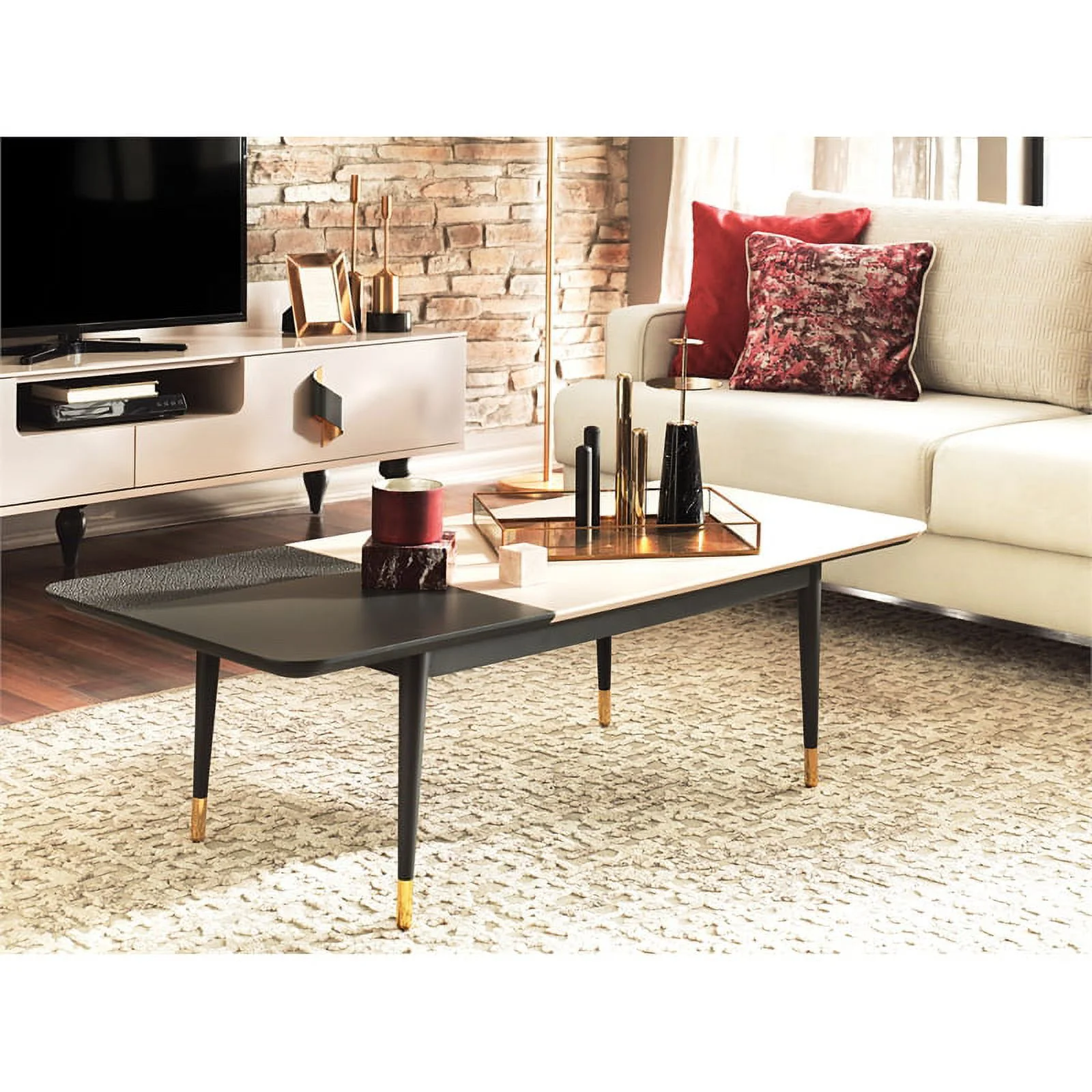 Enza Home Simena Rectangular Engineered Wood Coffee Table in Beige/Black