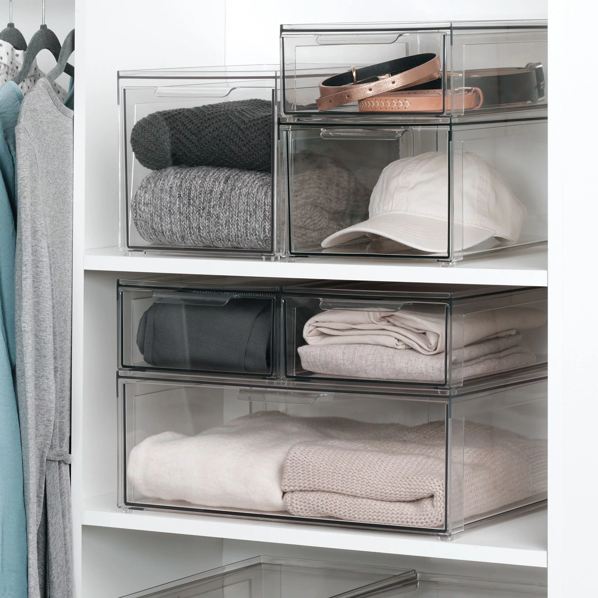 mDesign Plastic Stackable Bedroom Closet Storage Organizer with Drawer, Clear