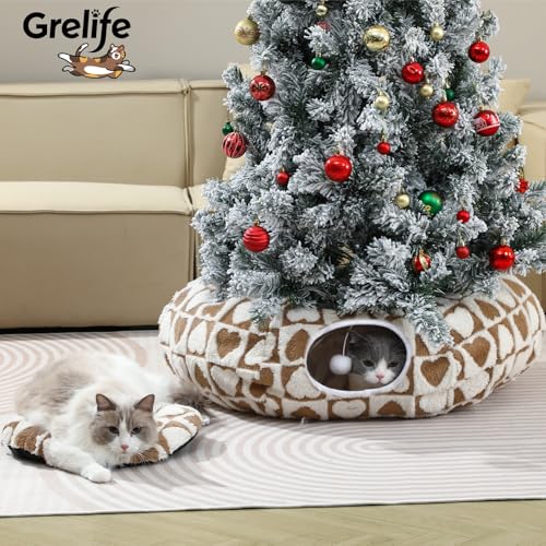 Grelife Cat Tunnel Bed for Indoor Cats, Large Cat Tunnel Christmas Tree Skirt, Cat Donut Tunnel Toys with Warm Plush, Non-Slip Base, Removable Cushion, Perfect for Cats, Kittens, Small Pets(33.4
