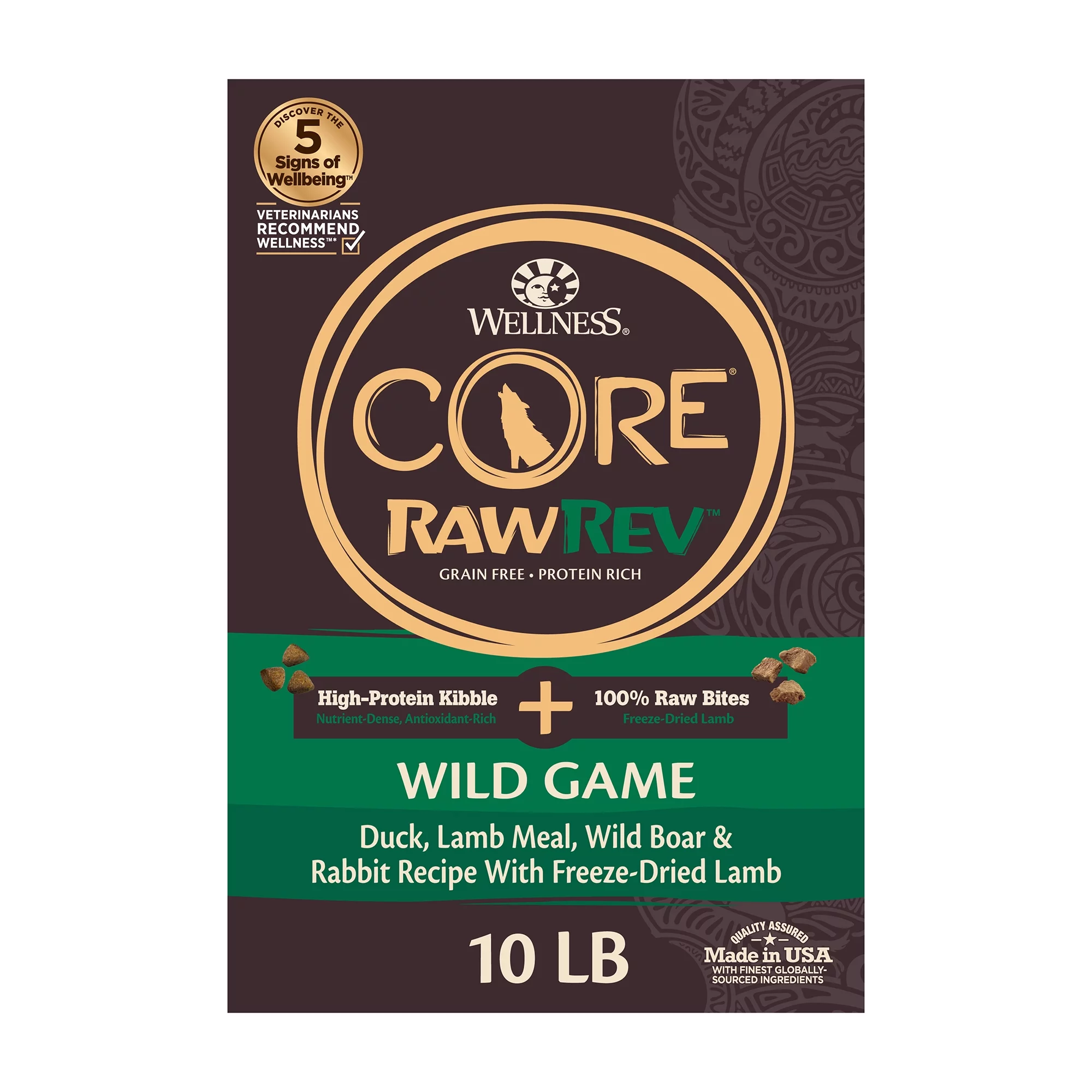 Wellness CORE RawRev Natural Grain Free Dry Dog Food, Wild Game Duck, Wild Boar & Rabbit with Freeze Dried Lamb, 10-Pound Bag