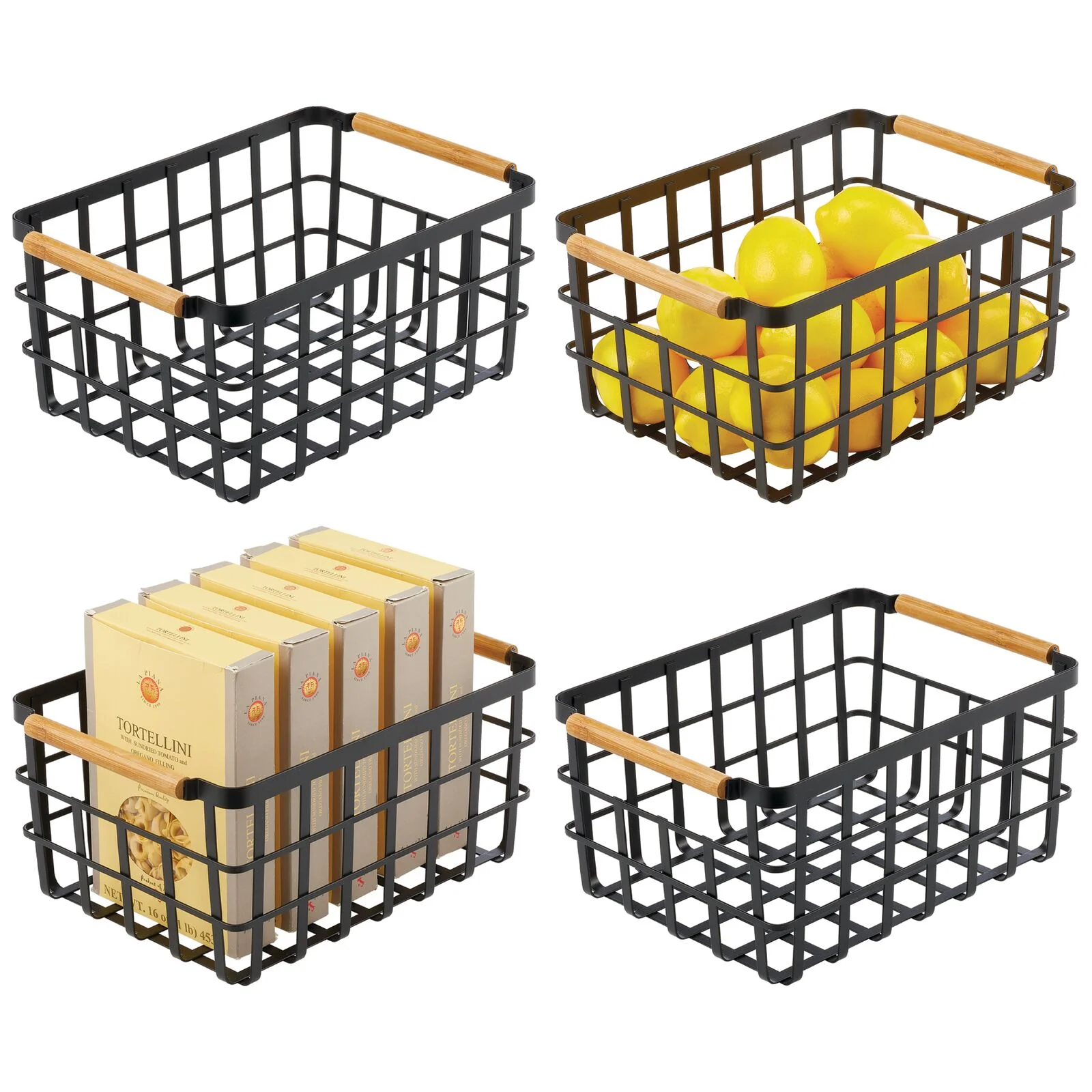 mDesign Metal Food Organizer Storage Basket - 4 Pack - Matte Black/Natural