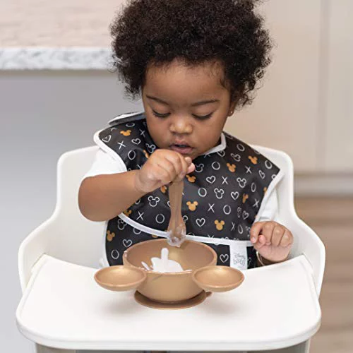 Bumkins Disney Minnie Mouse Suction Silicone Baby Feeding Set, Bowl, Lid, Spoon, BPA-Free, First Feeding, Baby Led Weaning - Gold