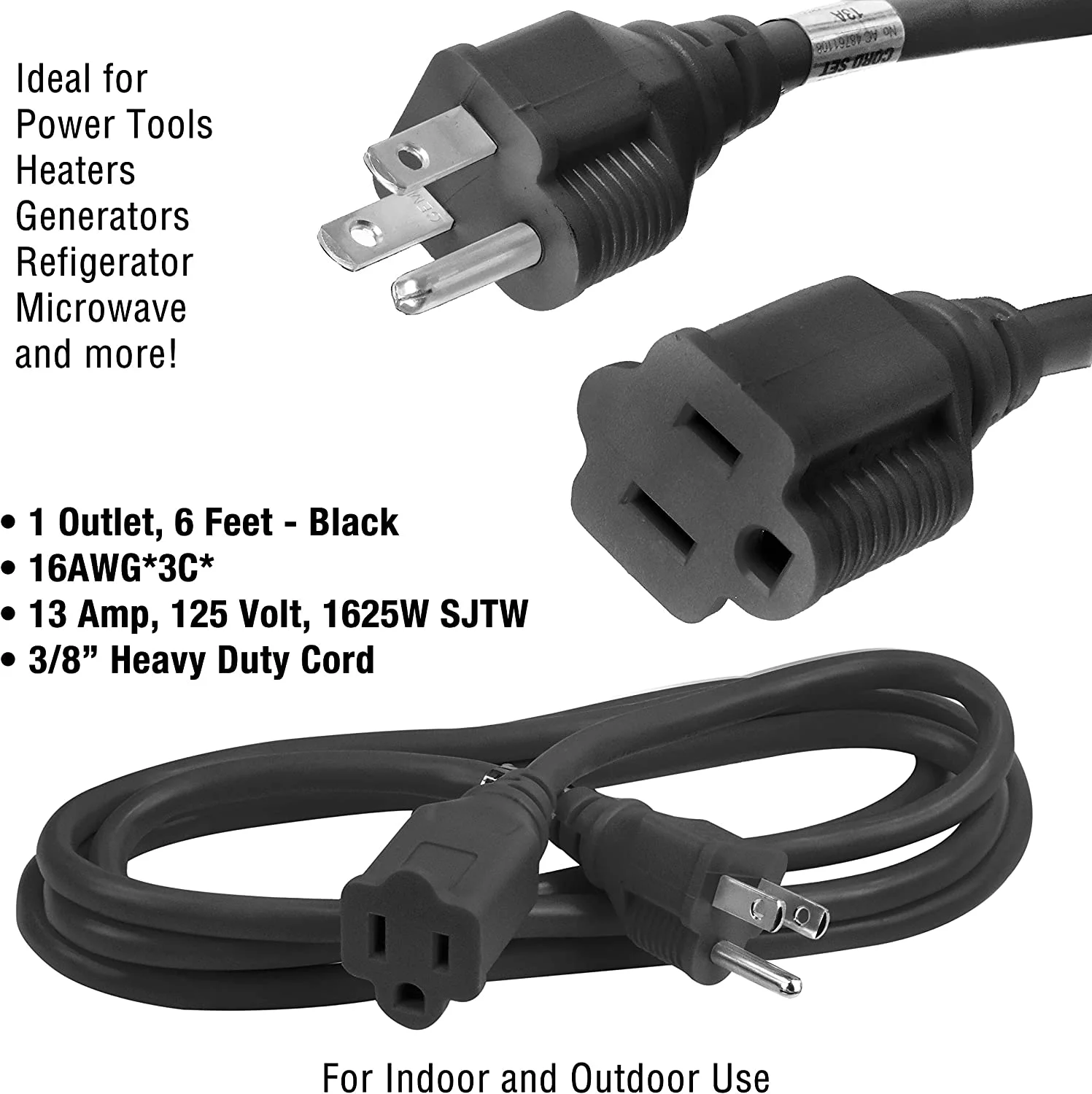 BindMaster Heavy Duty Extension Cord/Wire Power Cable, Indoor/Outdoor, 16/3, Single Outlet, 6 Feet, UL Listed, Black (3 Pack)