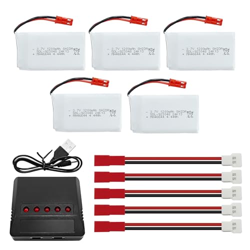 MJX 5PCS 3.7V 1200mAh 30C Lipo Battery with 5in1 Charger JST Plug for T04 T05 T25 V2400HD V2450FPV V2450GPS X900 X9TW RC Quadcopters