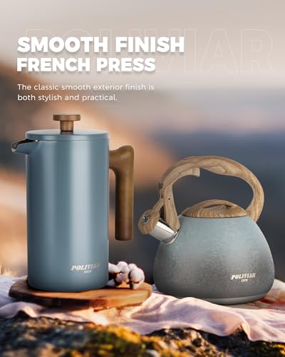 POLIVIAR French Press Coffee Maker, 34 oz Coffee Press with Real Wood Handle, Double Wall Insulation & Dual-Filter Screen, Food Grade Stainless Steel for Good Coffe and Tea (Flatland)