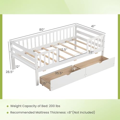 Giantex Twin Kids Bed with Storage Drawers, Wood Montessori Bed with Rails & Side Shelf, Low Daybed for Boys, Girls, No Box Spring Needed (White)