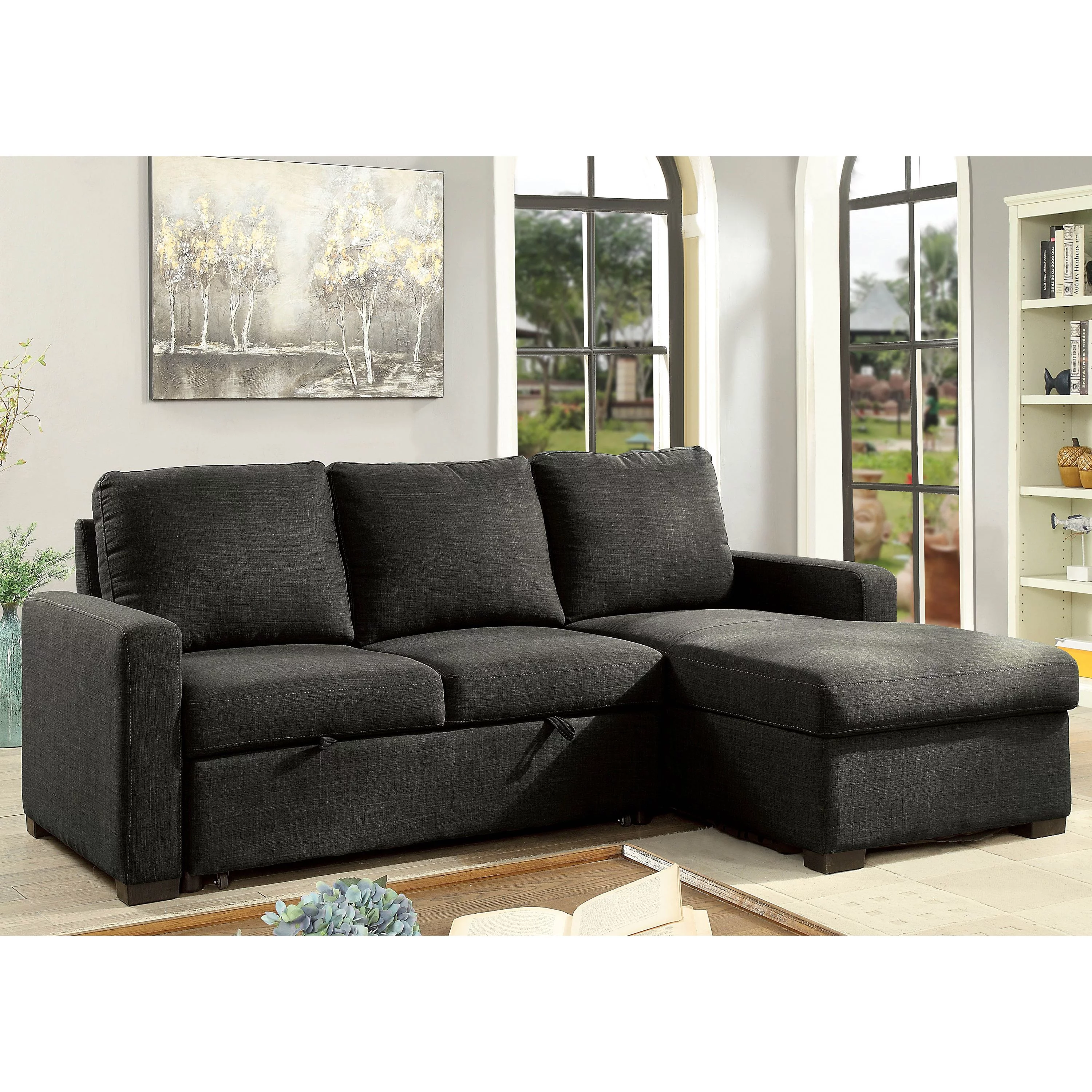 Furniture of America Transitional Faux Linen Packard Sectional, Dark Gray
