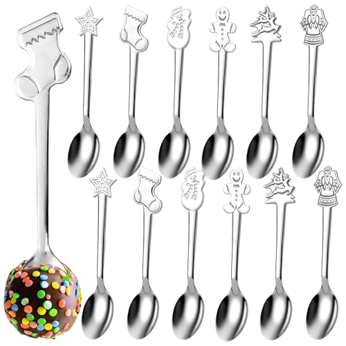 24 Pcs Christmas Hot Chocolate Spoons Stainless Steel Tea Coffee Christmas Stirring Spoon for Dessert Cake Candy Mixing Baking Marshmallow Cocoa Bar Supplies(6 Style)
