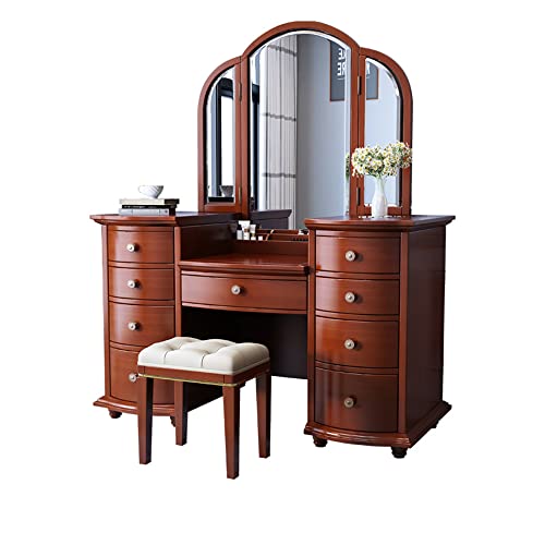 LITFAD Contemporary Vanity Table and Stool Set 9 Drawers Makeup Vanity Desk Nordic Dressing Table with LED Light - Makeup Vanity & Mirror & Stools Ivory